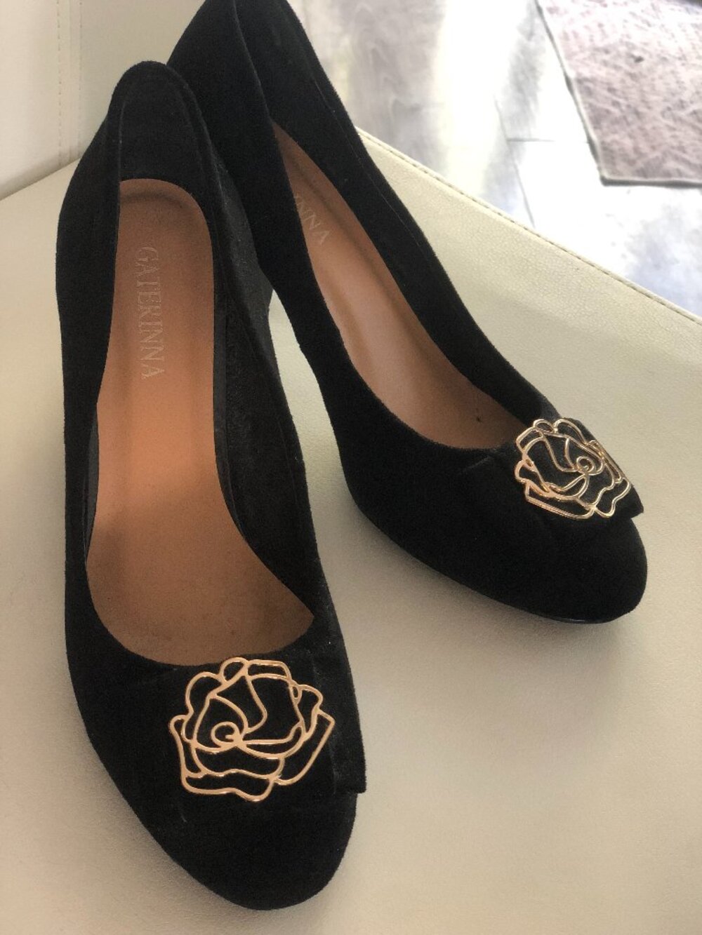 Black Suede Heels with Gold Rose Detail – Size 7
